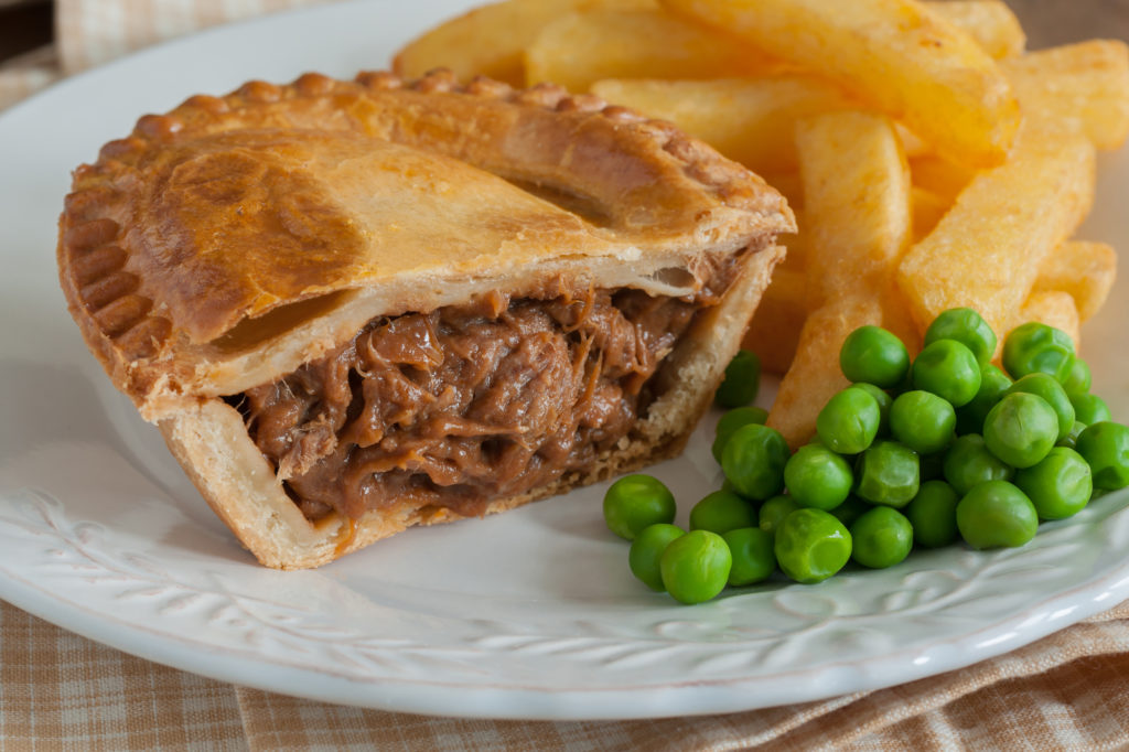 Steak pie with chips and green peas by Prime Food Service